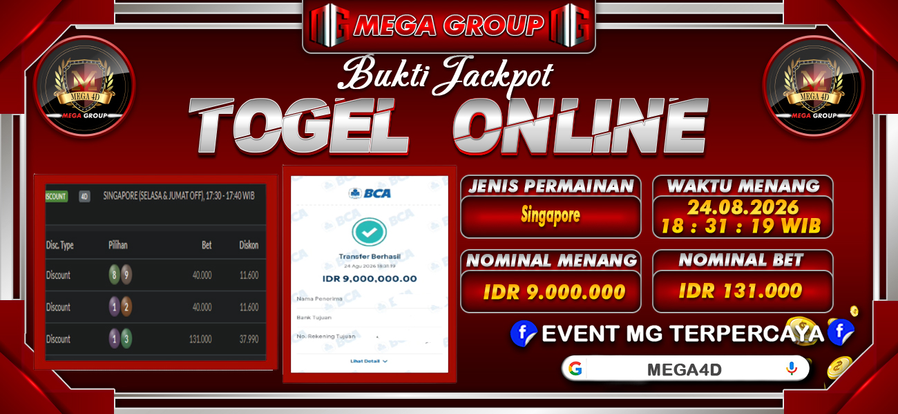 Bukti JP situs Mega4D hari Senin, 24 Agustus 2026