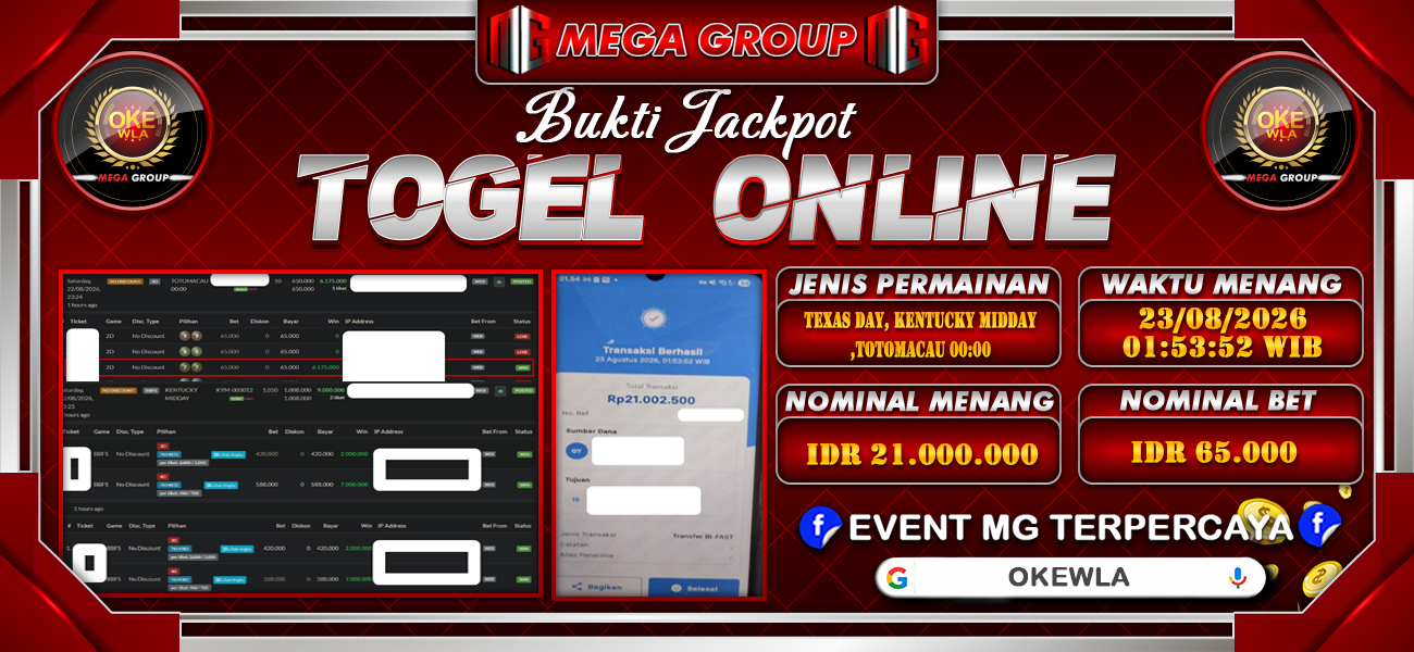 Bukti JP situs Okewla hari Minggu, 23 Agustus 2026