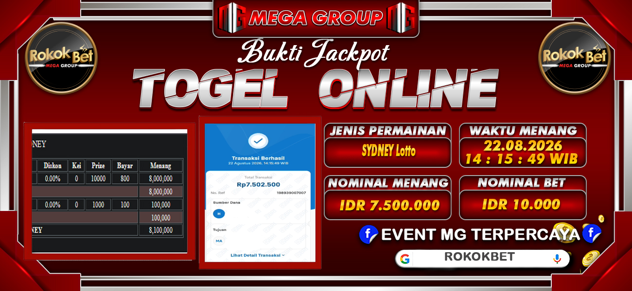 Bukti JP situs Rokokbet hari Sabtu, 22 Agustus 2026